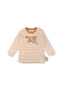 Langärmliges, cremfarbenes Hemd mit orangefarbenen Streifen. Mit dem text "WILLKOMMEN IM Dschungel" in Gold und einem dekorativen Etikett mit einer Eidechse.
