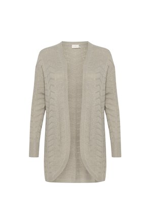 Light grey knitted cardigan with an open front, long sleeves, ribbed cuffs, and textured chevron pattern throughout. Soft fabric finish.