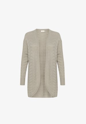 Ljusgrå stickad cardigan med öppen front, långa ärmar, ribbade muddar och texturerat sidospelmönster över hela plagget. Mjuk tygfinish.