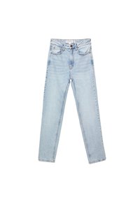 Hellblaue Jeans im Denim-Stil, hoch tailliert mit geradem Bein, ausgestattet mit einem Knopfverschluss und fünf Taschen. Dezente, ausgewaschene Textur.