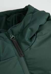 Ciemnozielona kurtka puchowa z wysokim kołnierzem, z zamkiem błyskawicznym i ozdobnym uchwytem zamka. Gładka tekstura z pikowanymi detalami.