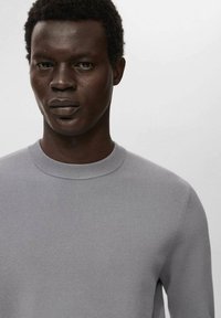 Hellgrauer Pullover mit Rundhalsausschnitt, aus einem weichen Strickstoff gefertigt; verfügt über eine glatte Textur ohne Muster oder Verzierung.