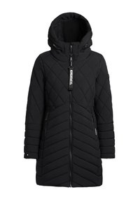 Zwarte doorgestikte donsjas met capuchon, ritssluiting aan de voorkant en diagonale stiksels. Voorzien van twee zijzakken en een logolus aan de rits.