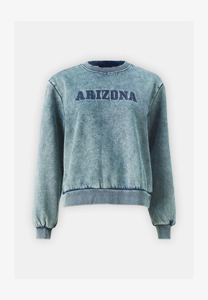 Sweatshirt azul claro com "ARIZONA" bordado em azul escuro. Apresenta punhos e bainha canelados, textura suave e um decote redondo.