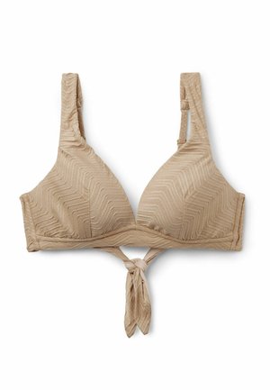 Top de bikini beige con textura, con tirantes ajustables y nudo anudado en la parte delantera, diseñado para ropa de baño o de verano.