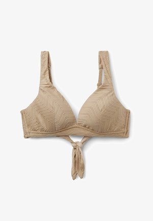 Top de bikini beige con textura, con tirantes ajustables y nudo anudado en la parte delantera, diseñado para ropa de baño o de verano.
