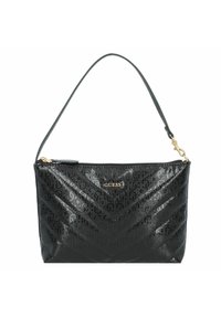 Sac à main synthétique noir matelassé avec motif en chevron, quincaillerie dorée et une seule bandoulière. Détails de logo embossés. Fermeture zippée.