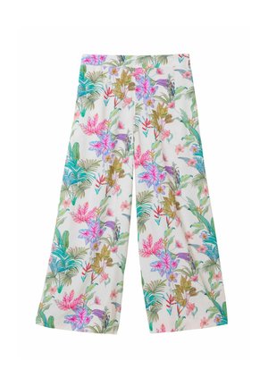 Wide-leg white pants with vibrant tropical floral print in pink, green, blue, and purple tones.