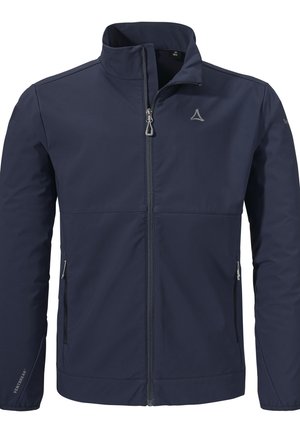 Navy Softshell-Jacke mit hohem Kragen,Frontreißverschluss,zwei Seitentaschen und Ventbreak-Label. Glatte Textur und leichtes Design.