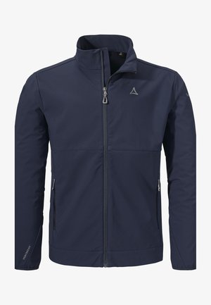 Navy Softshell-Jacke mit hohem Kragen,Frontreißverschluss,zwei Seitentaschen und Ventbreak-Label. Glatte Textur und leichtes Design.