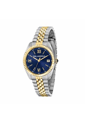 Orologio da polso in metallo bicolore argento e oro con quadrante blu, numeri romani dorati, display della data e tre lancette impostate alle 10:10:38.