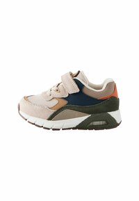Children's sneakers with a soft beige suede upper, navy and orange accents, and a white midsole. Velcro strap for easy fastening.