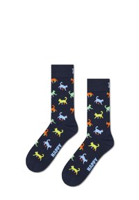 Calcetines marinos con patrones de gatos multicolores en verde, naranja, azul y rosa. La palabra "FELIZ" está impresa en el tobillo. Textura suave.
