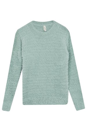 Pull bleu clair à manches longues en tissu duveteux, col rond, texture douce, avec étiquette visible au niveau du col.