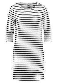 Musta-valkoraidallinen mekko, jossa on kolme neljänneksen hihaa, pyöreä pääntie ja takana vetoketju. Valmistettu kevyestä, sileästä kankaasta.