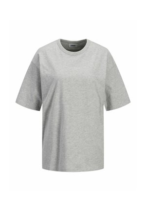 T-shirt gris clair à manches courtes avec encolure ronde et petit texte blanc "JJXX STUDIO" sur la poitrine.