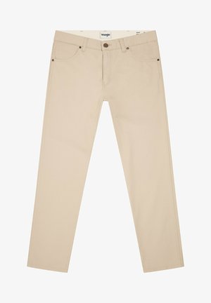 Jeans dritti beige Wrangler con cinque tasche, chiusura a bottone e zip, e dettagli di cucitura a contrasto. Tessuto di cotone liscio.