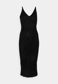 Black knitted dress with a V-neckline, fitted silhouette, and ribbed hem. Features a textured pattern throughout the fabric.