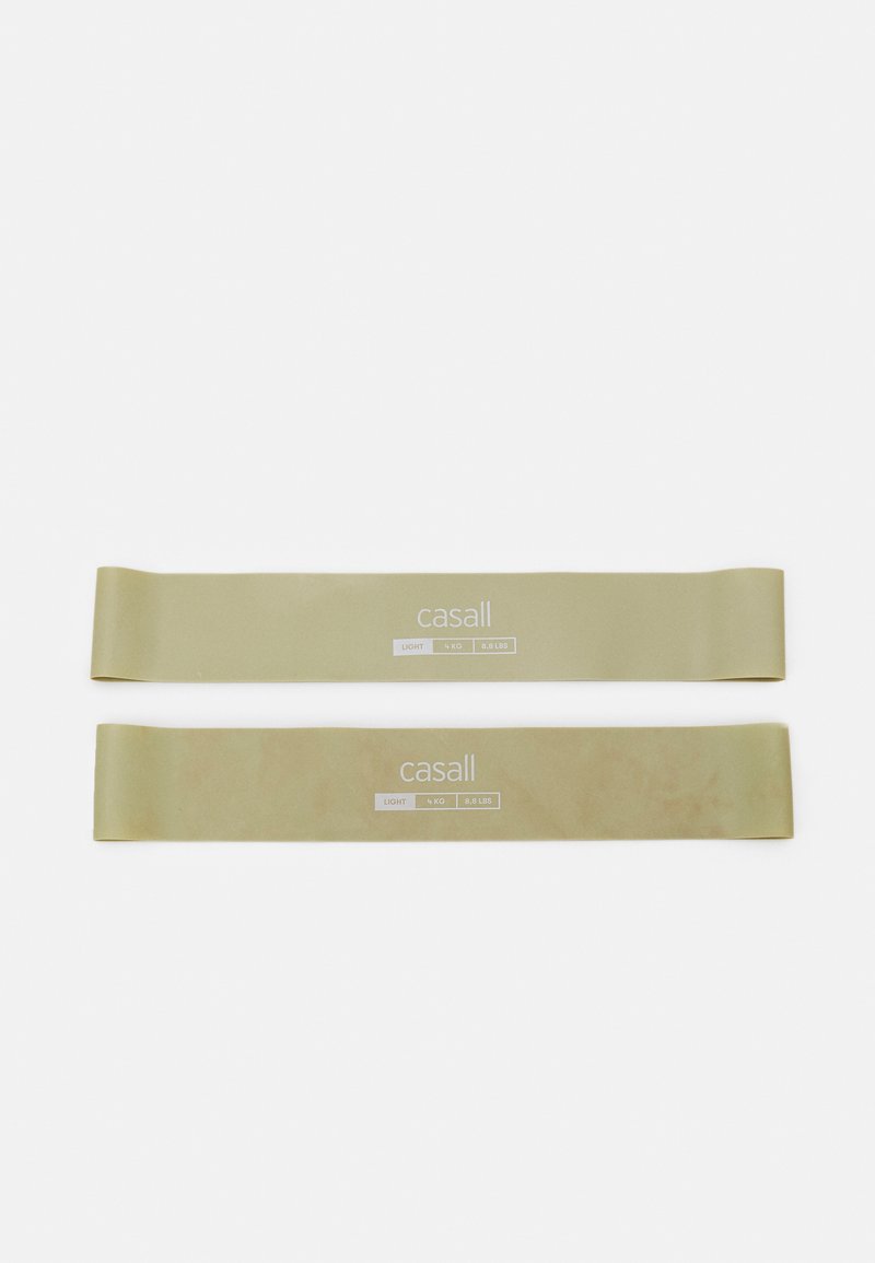 Bandes de résistance vert clair en caoutchouc, marquées "casall" et spécifications de poids : "LÉGER," "x kg," et "8,8 lbs."