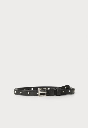 Black leather belt with silver studs and a rectangular metal buckle. Features multiple holes along the strap for adjustable sizing.