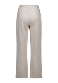 Gray, soft cotton lounge pants with a relaxed fit, featuring a wide leg and elastic waistband. No visible pockets or fastenings.