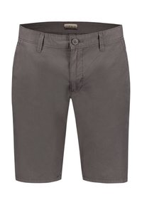 Pantaloni corti grigi in cotone con chiusura a bottone, passanti per la cintura e tasca frontale; tessuto liscio e vestibilità su misura.