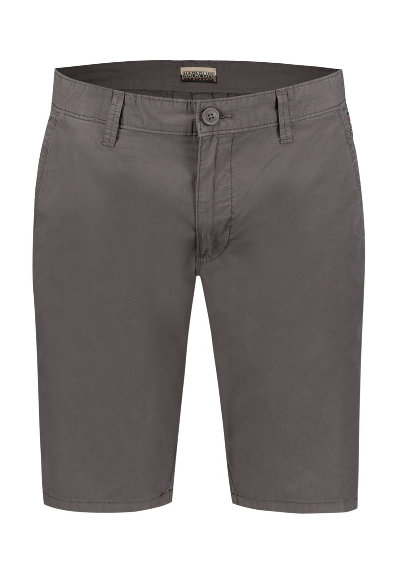 Pantaloni corti grigi in cotone con chiusura a bottone, passanti per la cintura e tasca frontale; tessuto liscio e vestibilità su misura.