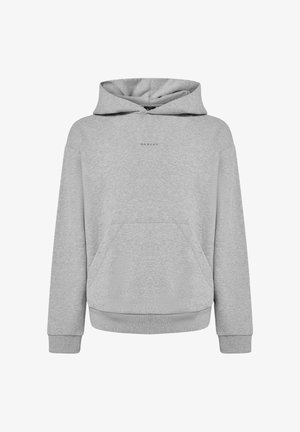 Grau sweatshirt mit Kapuze aus weichem Material, ausgestattet mit einer Fronttasche, gerippten Bündchen und einem kleinen Markenlogo auf der Brust.