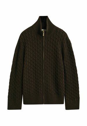 Dark brown cable-knit zip-up sweater with ribbed cuffs, hem, and collar, shown flat on a white background.