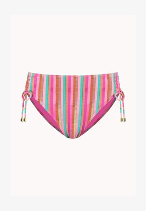 Bas de bikini rayé avec des rayures verticales roses, orange, turquoise et blanches, équipé de liens réglables sur les côtés avec anneaux et embouts métalliques.