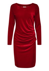 Robe en velours rouge avec des manches longues, un décolleté en cœur et des détails froncés sur le côté, créant une silhouette lisse et élégante.