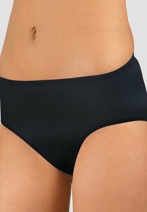 Close-up of a person wearing black high-cut seamless underwear, showing the lower abdomen and upper thighs.