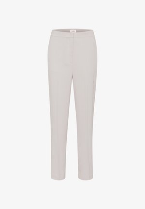 Svetlo sivi krojeni hlače z gladko teksturo, slim fit in klasičnim pasom. Brez vidnih žepov ali okraskov.