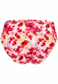 Blommig bikiniunderdel i rosa och röda nyanser, med ett livligt mönster av stora blommor på en ljus orange bakgrund. Tillverkad av stretchigt tyg.