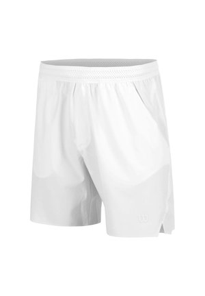 Weiße Sportshorts mit elastischem Bund, Seitentaschen und einem kleinen Logo nahe dem unteren Saum am linken Bein.