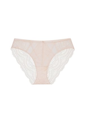 Koronkowa bielizna w jasnoróżowym kolorze. Posiada geometryczny wzór koronkowy, falbaniasty brzeg i mały ozdobny guzik z tyłu.