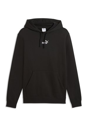 Sort hættetrøje med lange ærmer, forlomme foran, snøretrøje og lille hvid Puma-logo centreret på brystet.