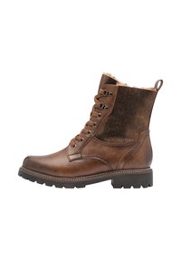 Botte en cuir marron à lacets avec une tige texturée, dotée d'une doublure intérieure douce, d'une semelle épaisse et d'une construction robuste.