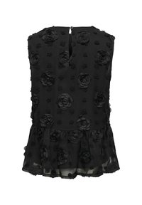 Blouse noire sans manches avec des applications florales texturées, un décolleté en forme de trou de serrure et un ourlet à volants.