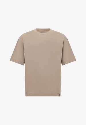 Beżowy, luźny T-shirt wykonany z miękkiej bawełny, z okrągłym dekoltem i krótkimi rękawami, posiadający prosty dół oraz minimalne logo z boku.