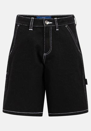 Black shorts made of cotton with white stitching. Features a button closure, belt loops, and front pockets with a structured design.