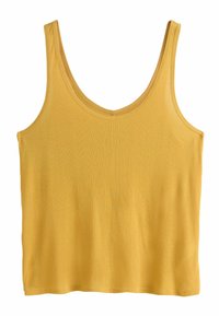 Haut court sans manches jaune côtelé avec encolure dégagée et larges bretelles, posé à plat sur un fond blanc.