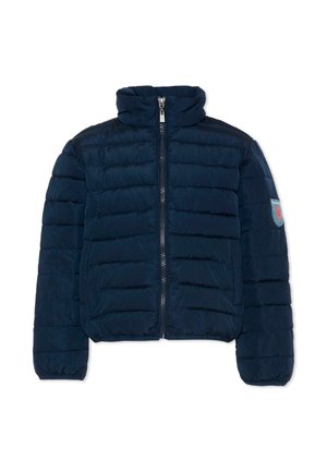 Piumino trapuntato blu navy con zip frontale completa, collo alto, maniche lunghe e una piccola toppa sul braccio sinistro superiore.