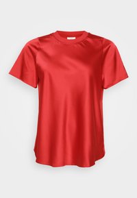 Short-sleeve red satin top with a round neckline, featuring a smooth finish and relaxed fit. Suitable for casual or dressy occasions.