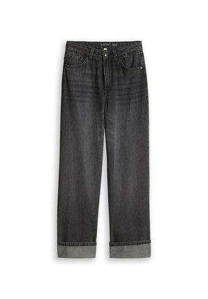 Zwarte jeans met wijde pijpen en omgeslagen zoom, vooraan knoop- en ritssluiting, en vijfzakkenstijl.