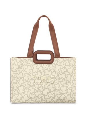 Sac à main rectangulaire beige avec un motif abstrait gris, des poignées doubles marron et une grande poignée découpée rectangulaire marron au centre.