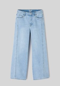 Jean bleu clair à jambes larges avec ornements en strass le long des coutures extérieures, bouton à l'avant et conception à cinq poches.