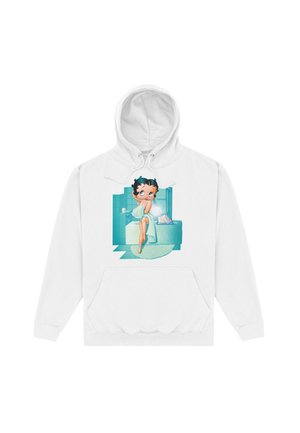 Biała polarowa bluza z kapturem z graficzną ilustracją postaci w kąpieli, z turkusowymi akcentami i przednią kieszenią typu kangur.