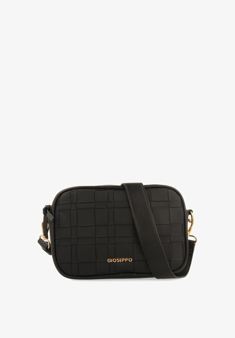 Črna torbica čez ramo, izdelana iz teksturiranega materiala s prešitim dizajnom. Ponuja zlati logo, nastavljiv trak in zadrgo.