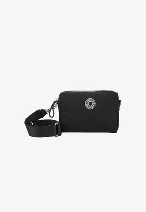 Borsa a tracolla in nylon nero con forma rettangolare, zip argentata e logo rotondo. Presenta una tracolla regolabile con dettagli in metallo.